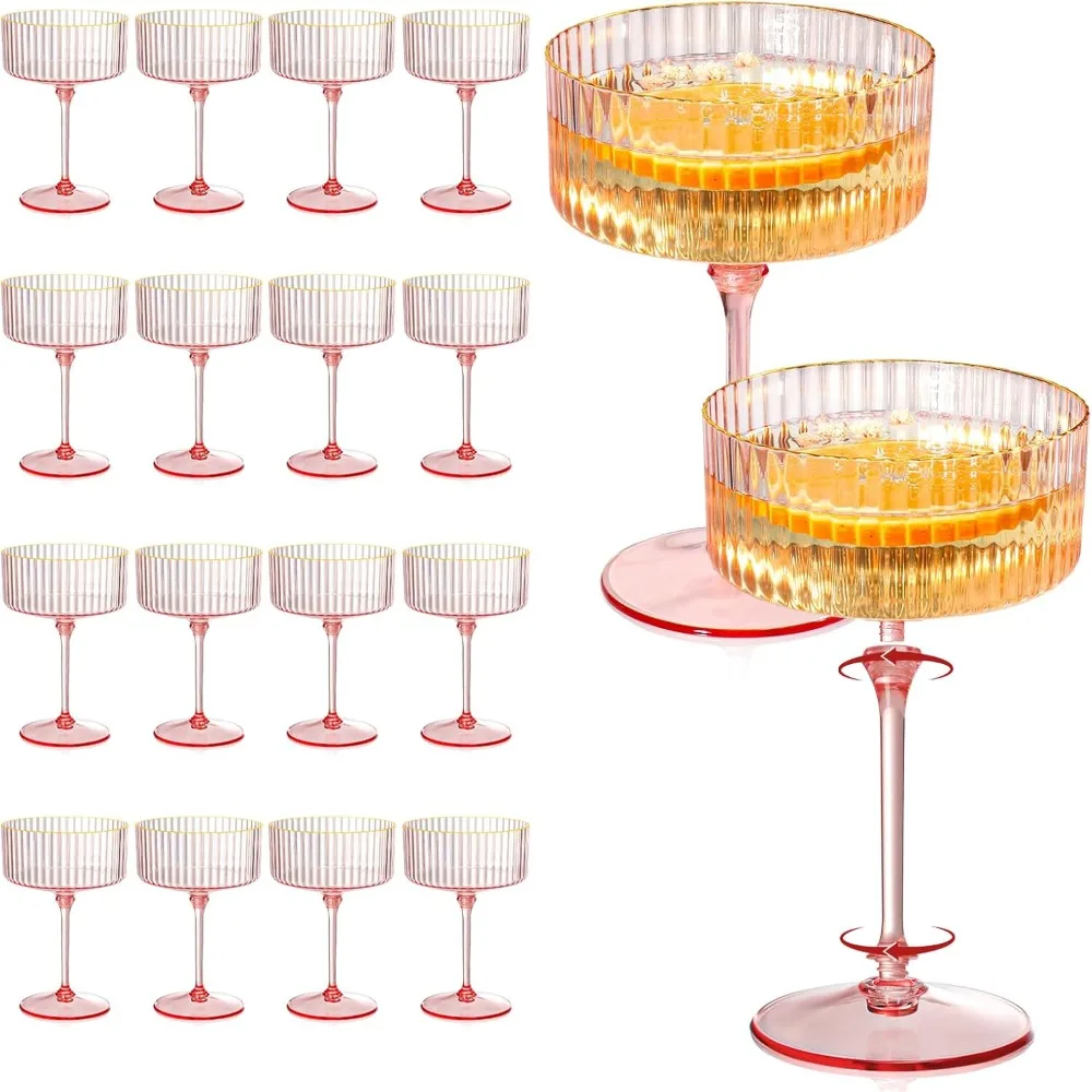 

24 Pcs Detachable Martini Glasses 10oz Plasitc Pink Ribbed Coupe Glasses Gold Rim With Pink Stem Vintage Cocktail Glassware Set