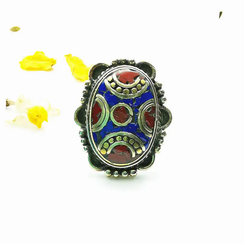 Nepal Vintage Flower Rings Copper Inlay Colorful Stone R186