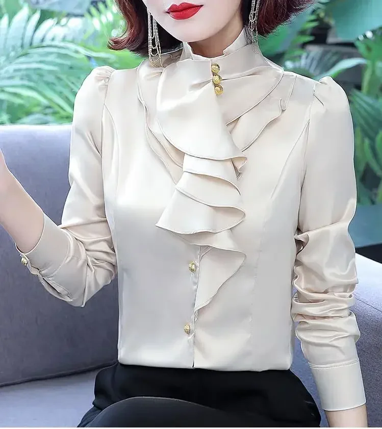 Puls Size Satin Blouse women Fashion Women Office Blouse Long Sleeve Shirt Women Work Wear Sheer shirt Women