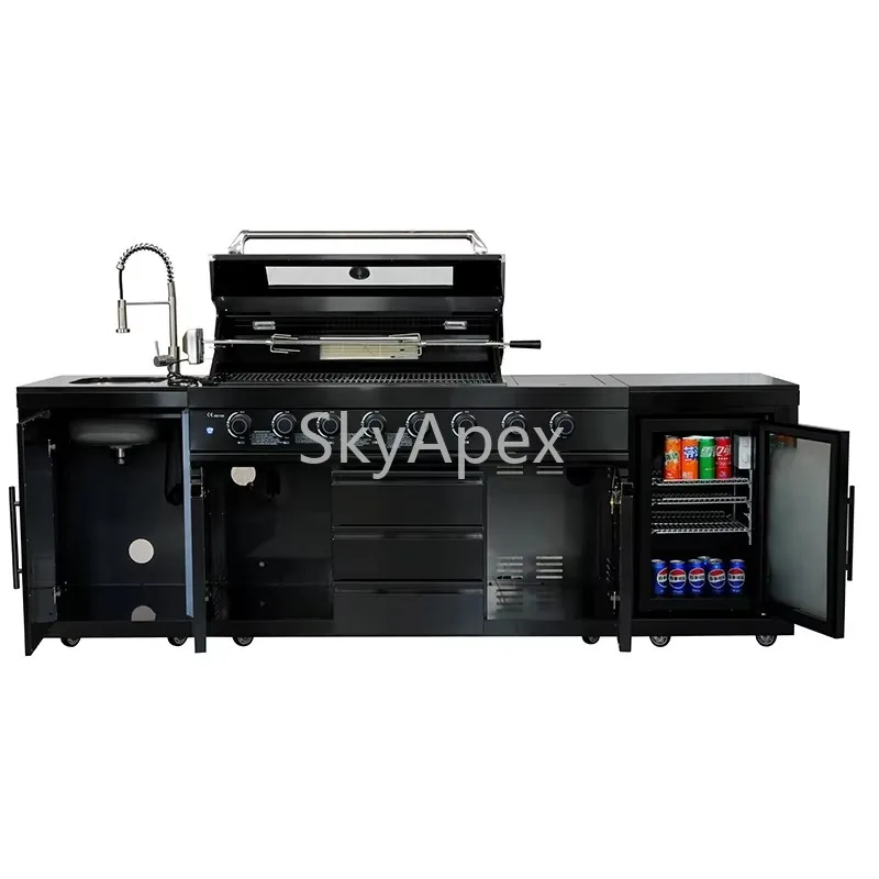 

High Quality SS304 Black Outdoor Kitchen 68L Fridge Sink 6-Burner BBQ Gas Grill Waterproof AntiRust Backyard Patio Cooking