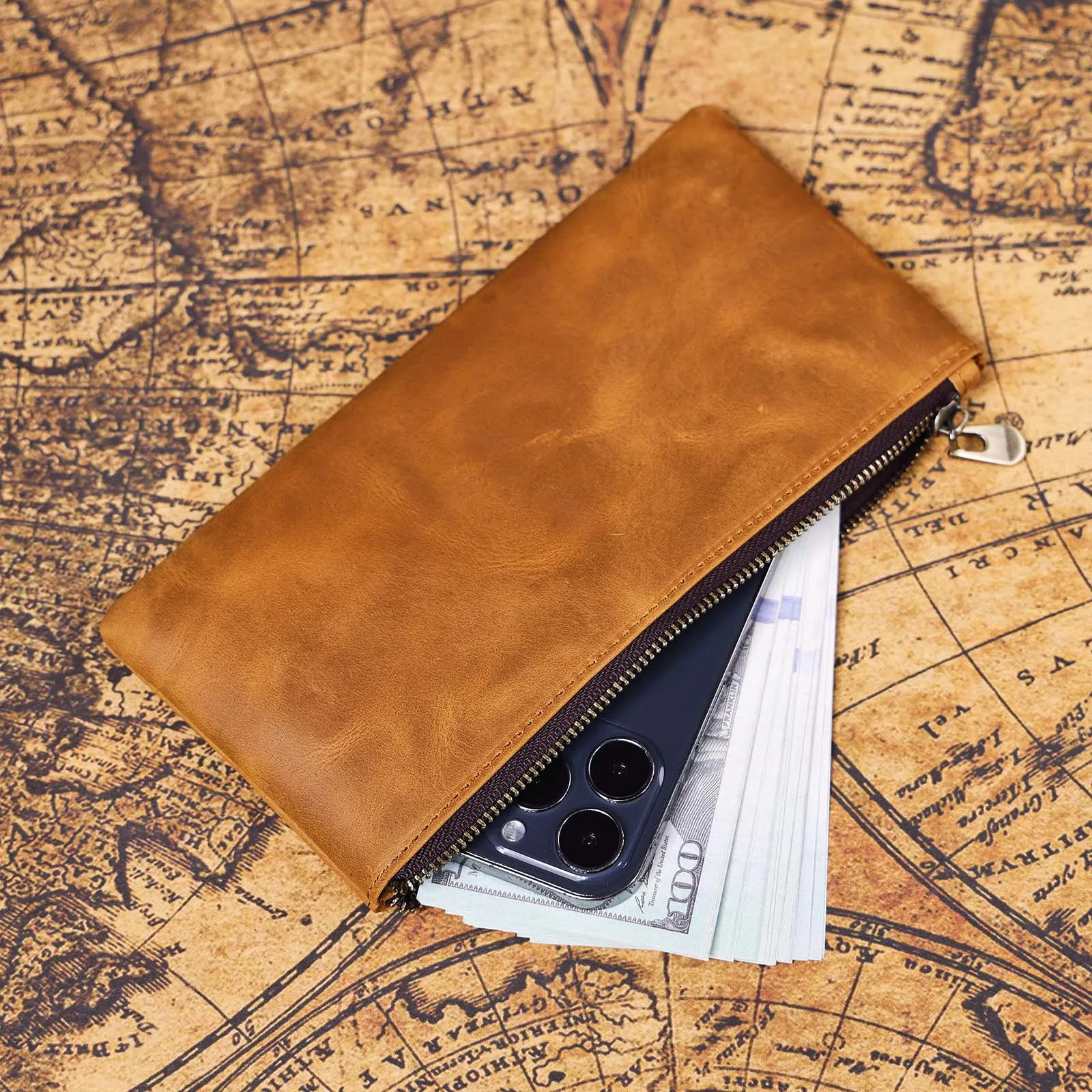S.WORKER Vintage Crazy Horse Leder Geldbörse Handgefertigte Herren Echtleder Lange Brieftasche Clutch für Handy, Bargeld und Kartenhalter – Detail 18