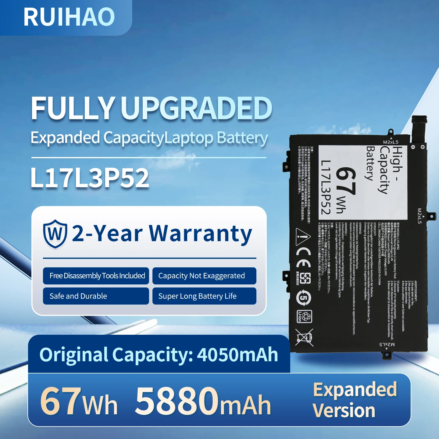 Batería para Portátil L17L3P52 de 11.4V y 67Wh para Lenovo ThinkPad L480, L490, L580, L590, L14, L15, L14 Gen 2, L15 Gen 2 Series, L17M3P53