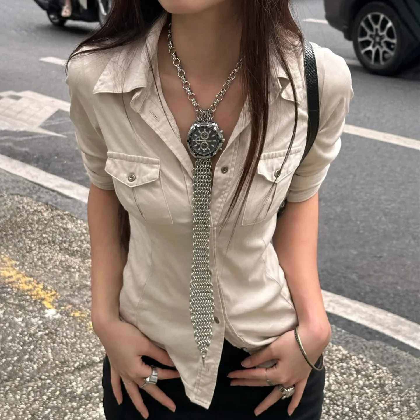 Y2K الشارع نصف كم المرأة تي شيرت ملابس العمل نمط زر حتى جيوب محبوك تي شيرت Harajuku الرجعية الكورية القمم