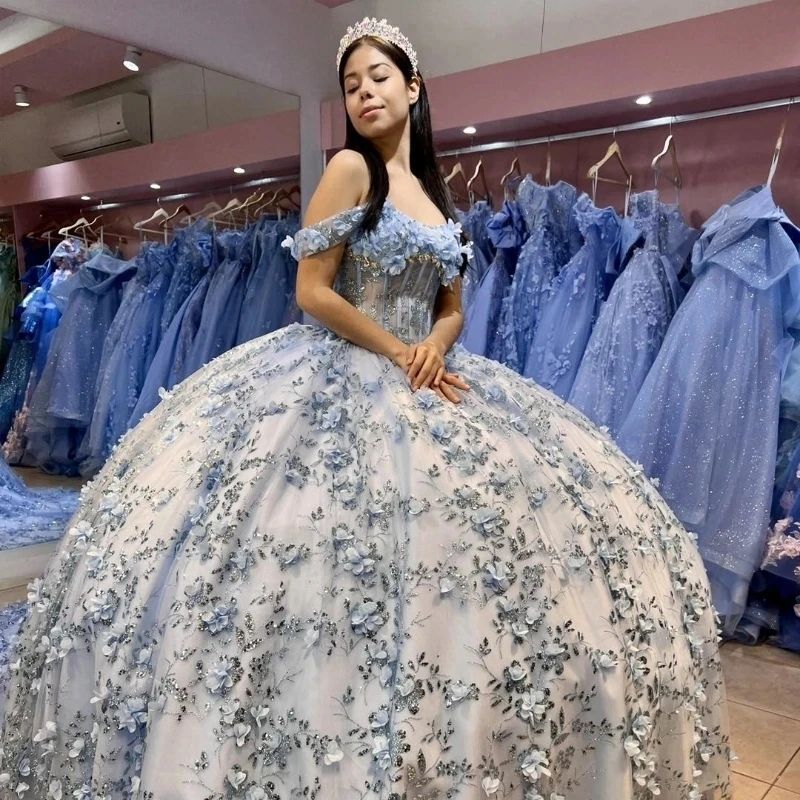 Sky Blue Quinceanera Dress 2024 Sparkling 3D Floral Flowers Applique Princess Ball Gown Sweet 15 Vestidos De XV Años Party Gown