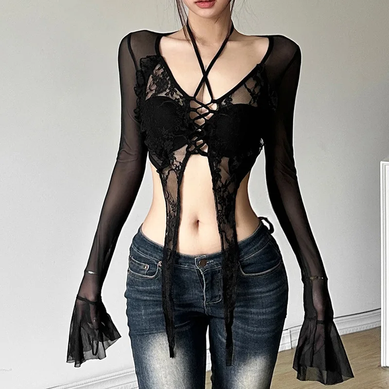 New Women's Solid Color Slim Fit with Exposed Navel Fashion V-neck Long Sleeved Mesh T-shirt for Women