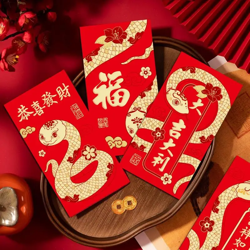 2025 Año Nuevo Chino Sobres rojos Año de Serpiente Bolso rojo Bolsa de regalo para dinero Sobre Suministros de boda Buena suerte Hong Bao 6 piezas