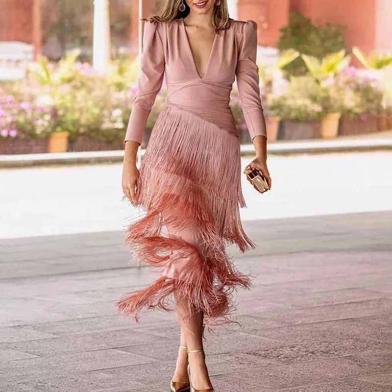 فساتين رسمية فرنسية أنيقة مقسمة بشرابة فساتين نسائية مثيرة بفتحة رقبة على شكل V عميقة فساتين سهرة ضيقة للخريف بأكمام طويلة فستان بوهو سادة