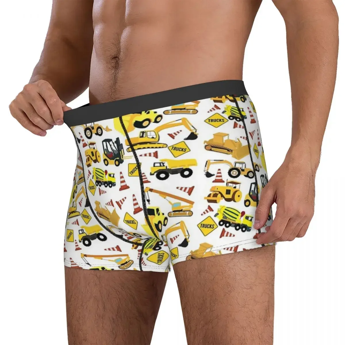 Boxer Underpants Shorts Construction Trucks Pattern - Excavator, Dump Truck, Backhoe And More Panties Men Soft Underwear