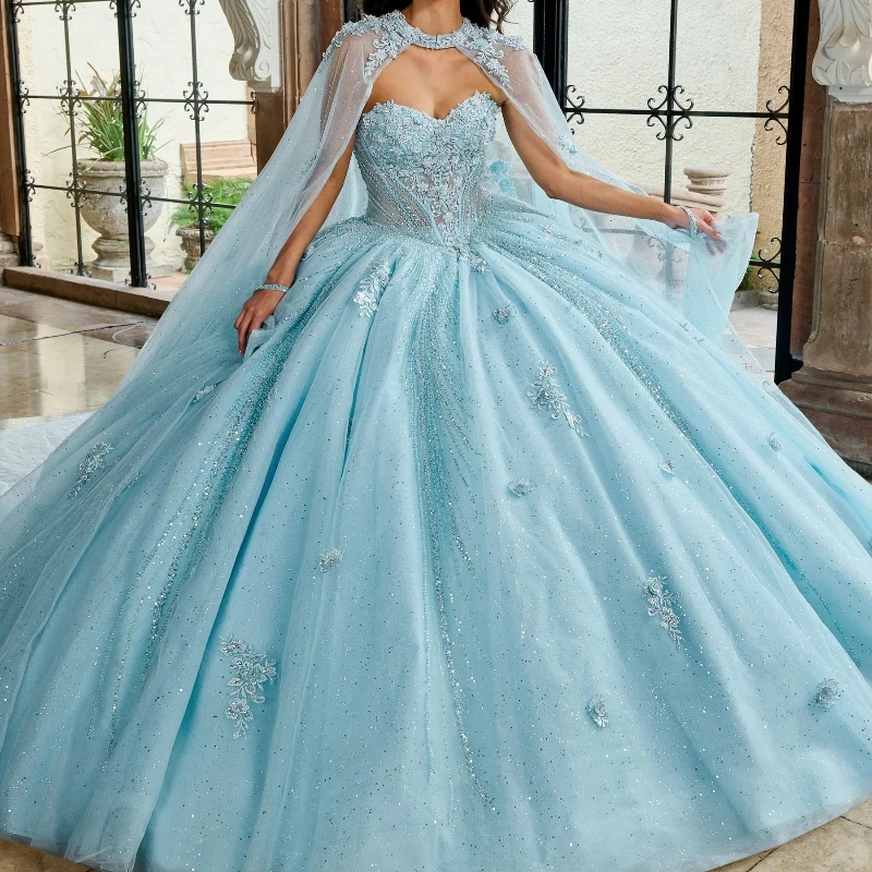 

Sky Blue Sparkly Ball Gown Quinceanera Dresses for Girls Lace Up With Cape Applique Lace Beading Tull Vestidos De 15 Anos