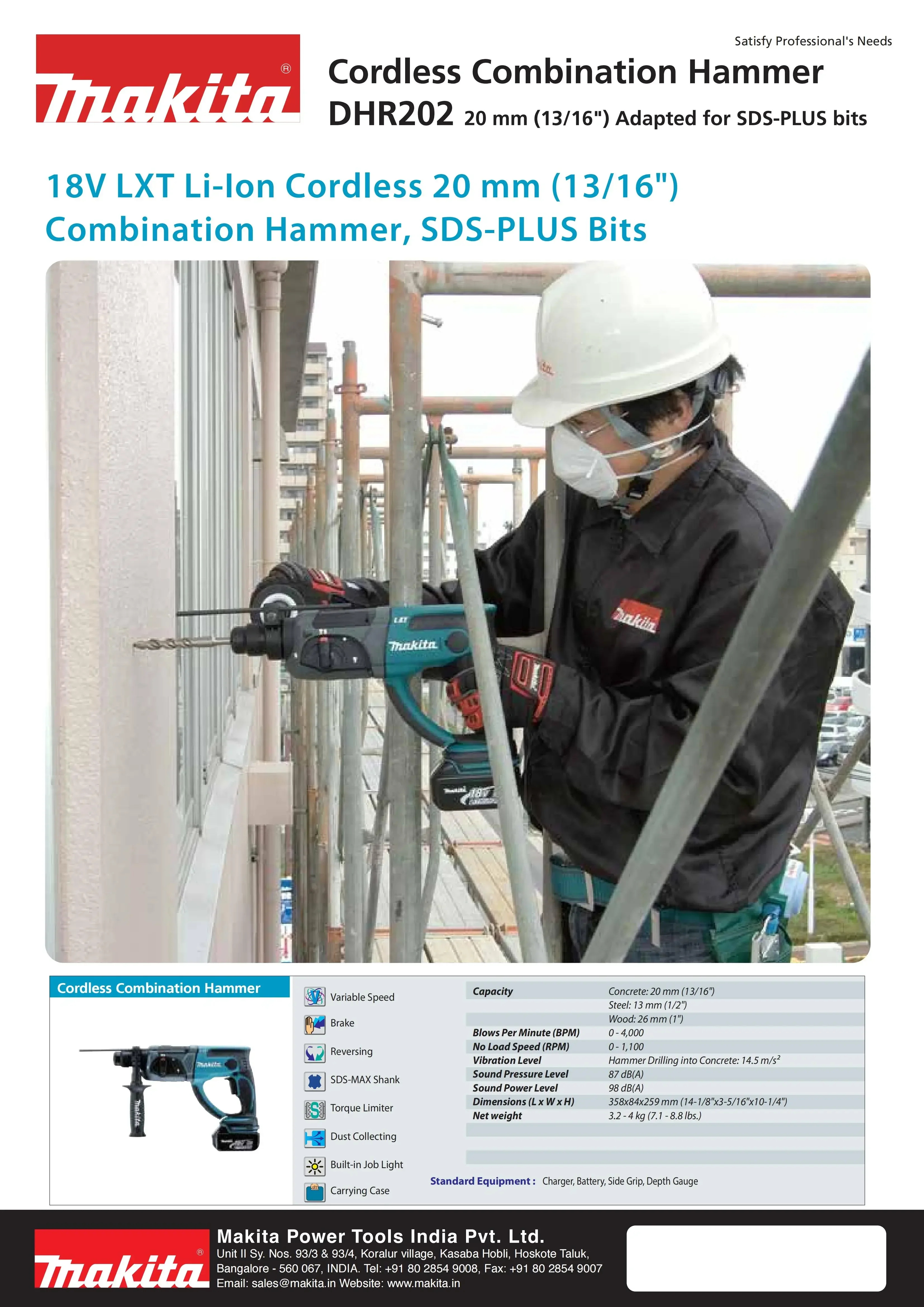 Makita dhr202zコードレスロータリーハンマー、リチウムパワーツール、sds-plus、18v、2.8j、20mm