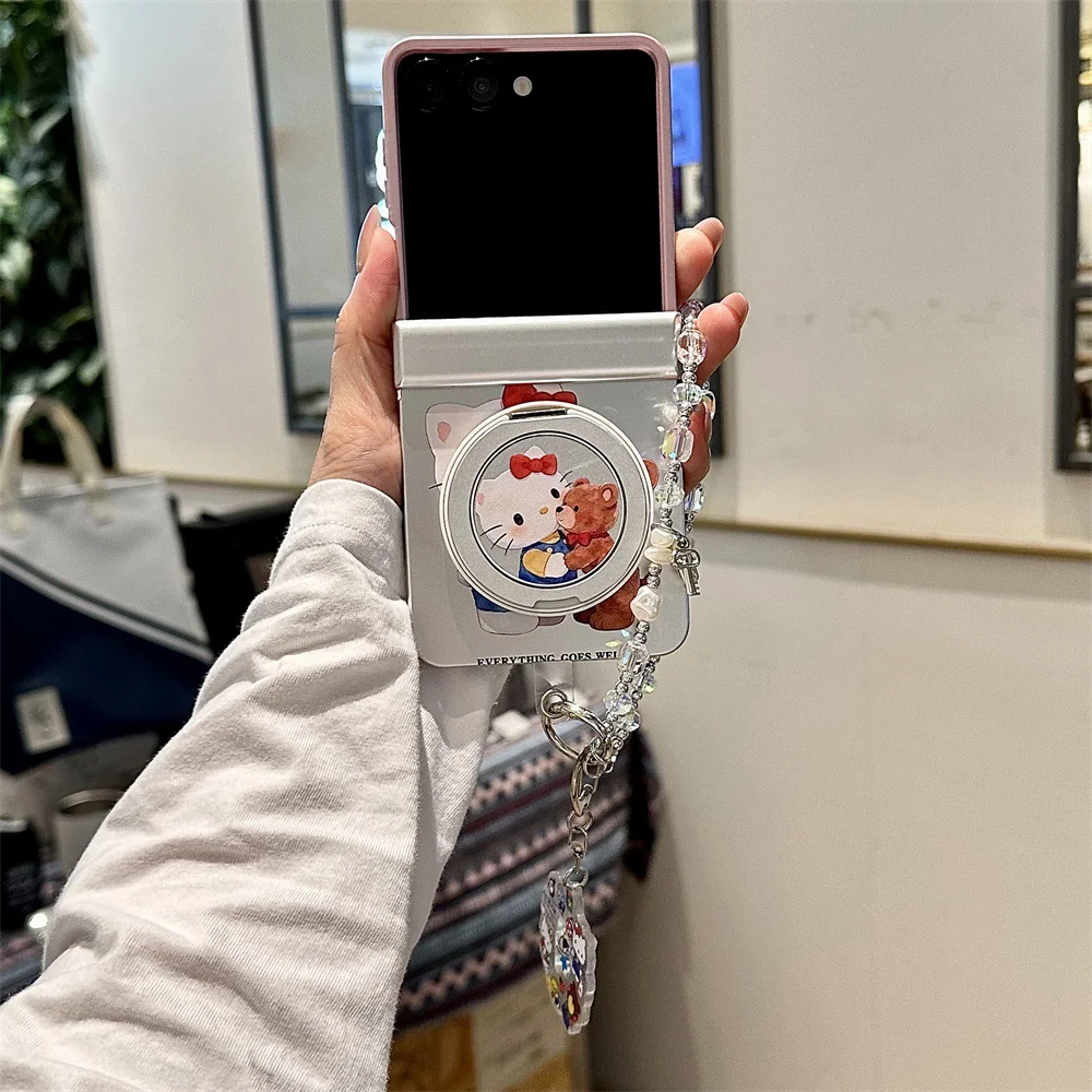 Coque de téléphone magnétique Kawaii Bear HelloKitty pour Samsung Galaxy Z Flip6 5 4 3 Flip5 Flip7 7FE avec support Magsafe et chaîne