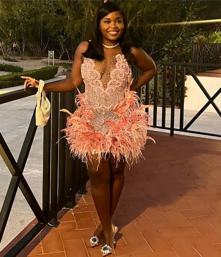 

Pink Luxury Short Prom Homecoming Dress for Women customsized Sparkly Diamond Crystal Feather Celebration Birthday Queen Gown