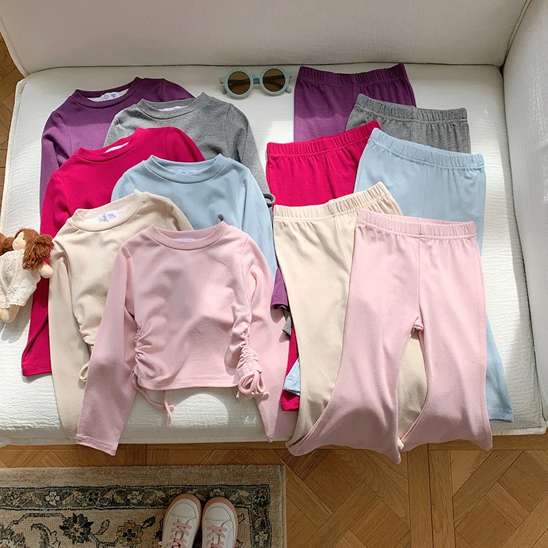 Children's Sets Korean Style Girls' Two-Piece Set Bell Bottom Pants & Tie-Front Top Chic Autumn Slim Fit Outfit For Kids