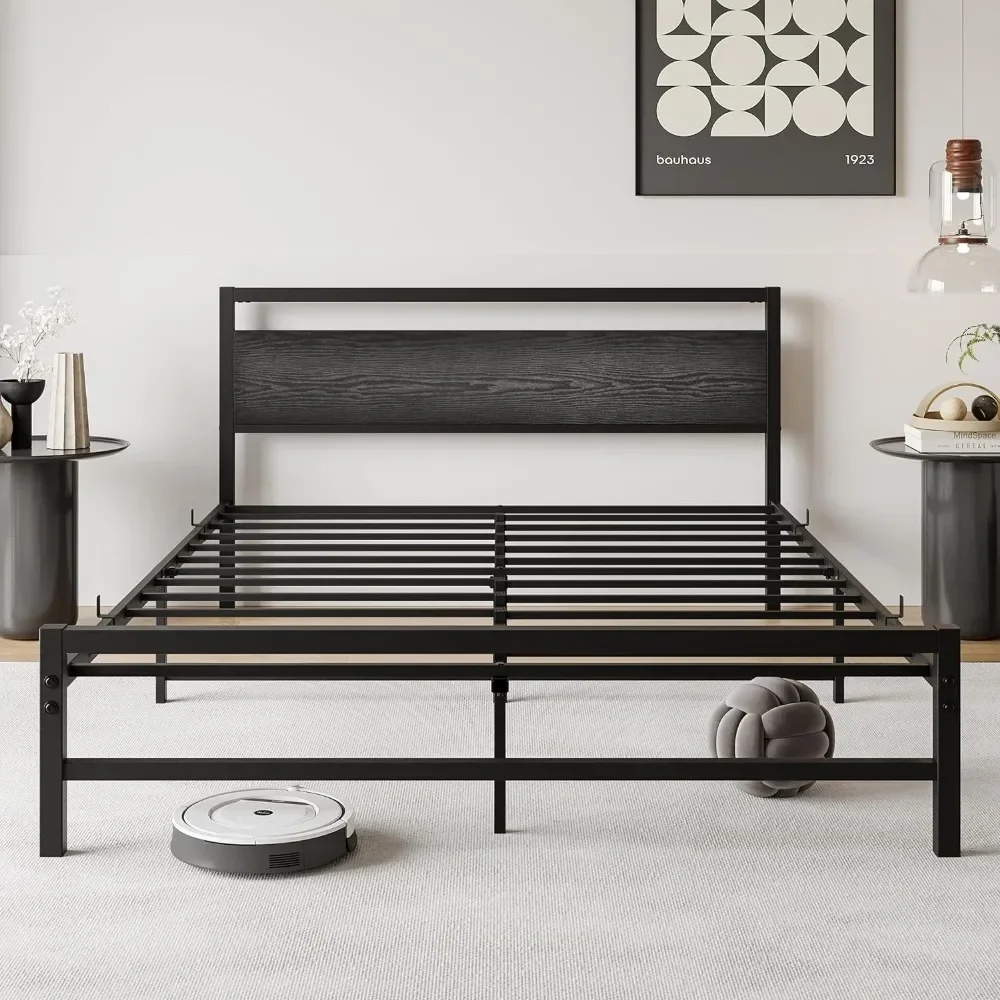 Queen Size Bed Frame with Black Wood Headboard,Heavy Duty Platform Bed Frames with Storage No Box Spring