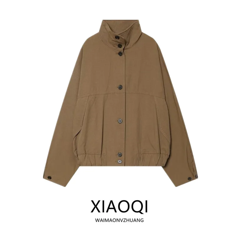 Spring Summer 2026 Women's Long Sleeve Stand Collar Elastic Hem Jacket Outerwear Commute Style Standard Fit Button Closure