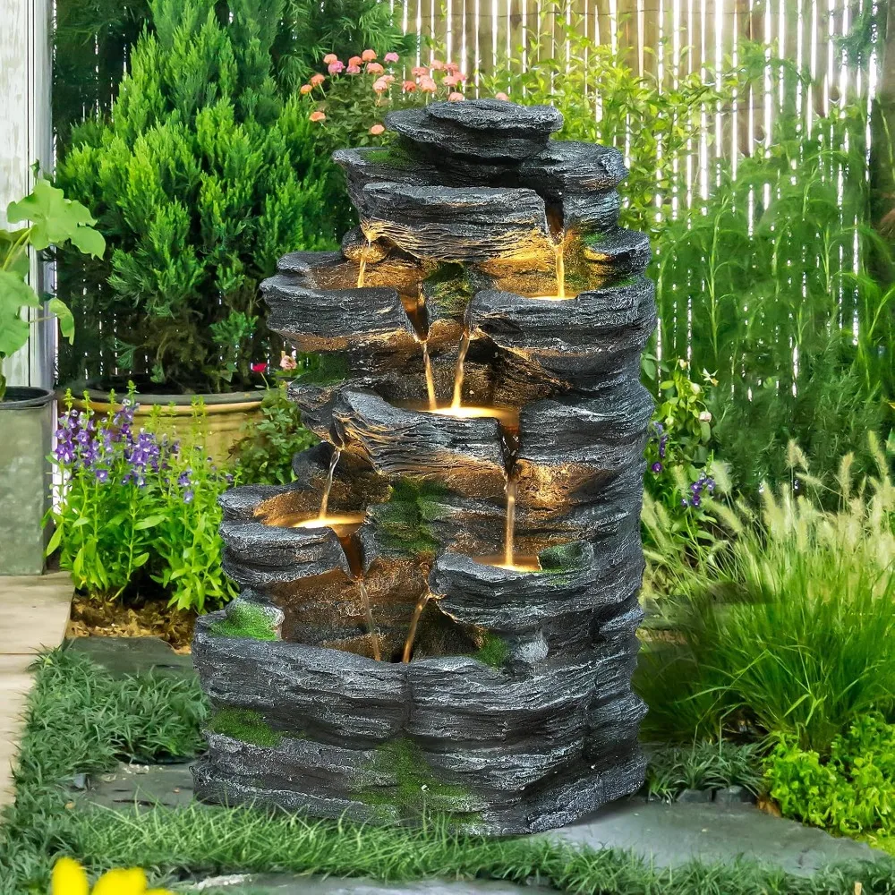 7-Tier Cascading Rock Fountain Outdoor with LED Lights for Patio Garden Decor