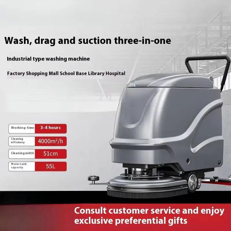 Industrial Floor Scrubber, Commercial Factory Workshop Floor Scrubber, Hand Push Suction Mop Integrated Sweeping Machine