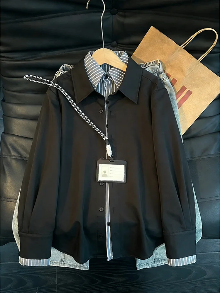 

American Stripe Splice Fake Two-Piece Long Sleeve Men's Spring Autumn Design Korean Lazy Husband Feel Shirt Jacket