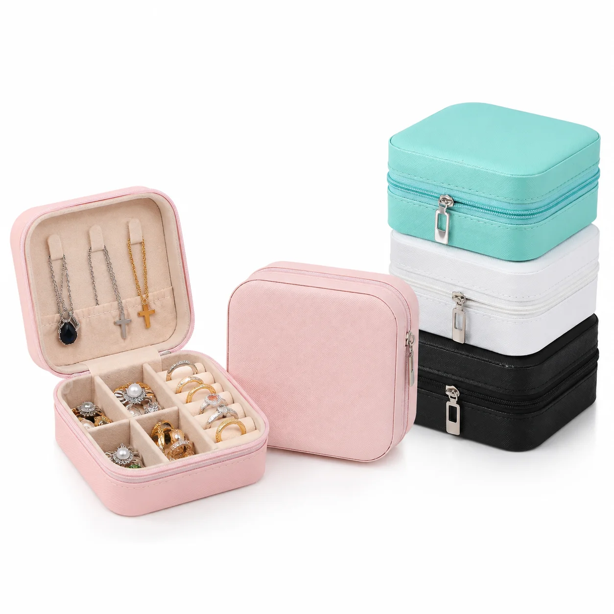 Tragbarer Schmuck-Organizer aus PU-Leder mit mehreren Fächern, Reise-Reißverschlusstasche für Ringe und kleine Accessoires – Detail 5