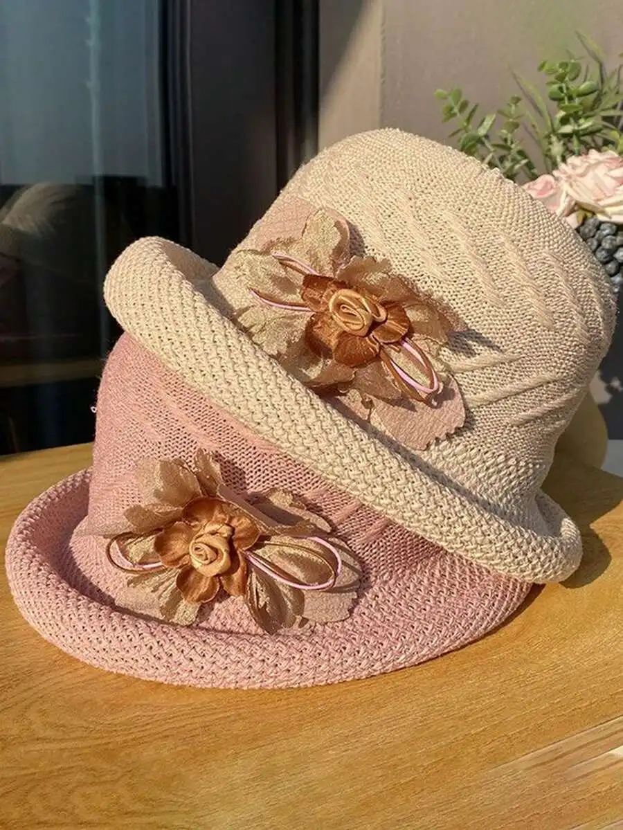 Women's Elegant Retro 3D Floral Decor Rolled Brim Straw Hat Lightweight Hollow Crochet Bucket Hat Sun Protection Hat