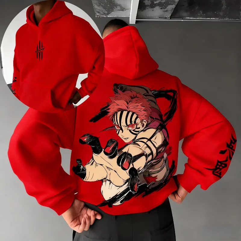 2025 Men's Autumn Winter Hoodies Japanese Anime Demon Slayer Akaza Graphics Clothing Oversize 100% Cotton Tops Y2k Streetwear