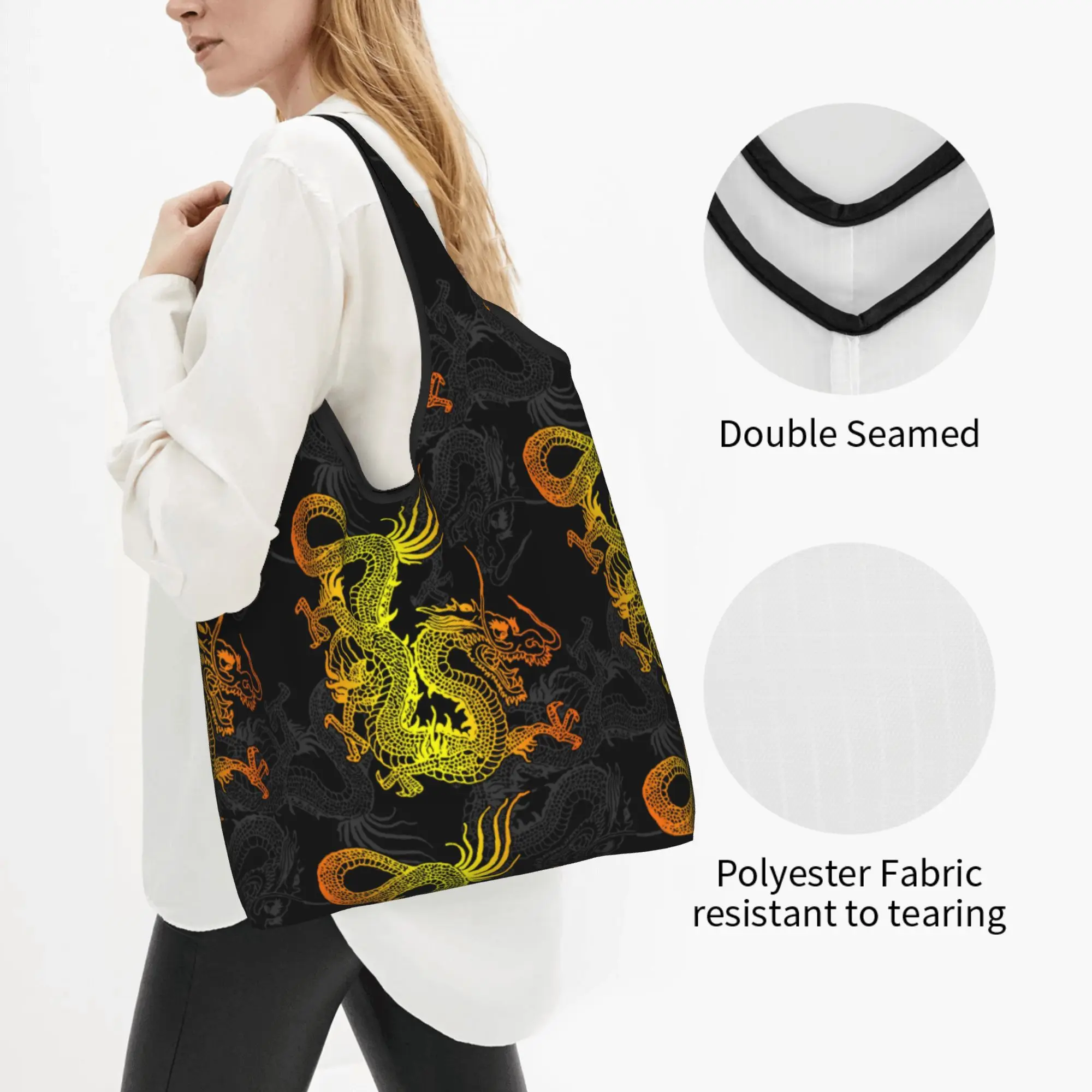 Custom Golden Chinese Dragon Pattern Shopping Bags Portable Big Capacity Groceries Japanese Oriental Mythical Tote Shopper Bags