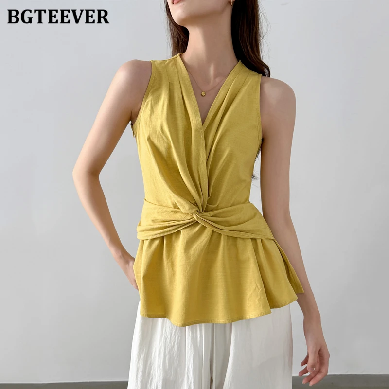 

BGTEEVER Summer Stylish V-neck Slim Waist Ladies Blouses Shirts Elegant Women Sleeveless Pullovers Vests Female Tops