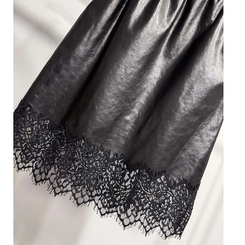 Elastic Waist Real Sheepskin Midi Skirt Spring Autumn Women Casual Loose Lace Splice Irregular Hem A-Line Leather Skirts Jupe