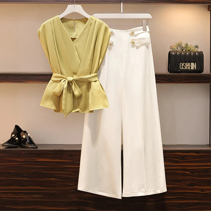 

2025 Ashionable and Elegant Chiffon Shirt, Women's Summer Oversized Belly Covering Top, Long Wide-leg Pants Two-piece Set Wh2