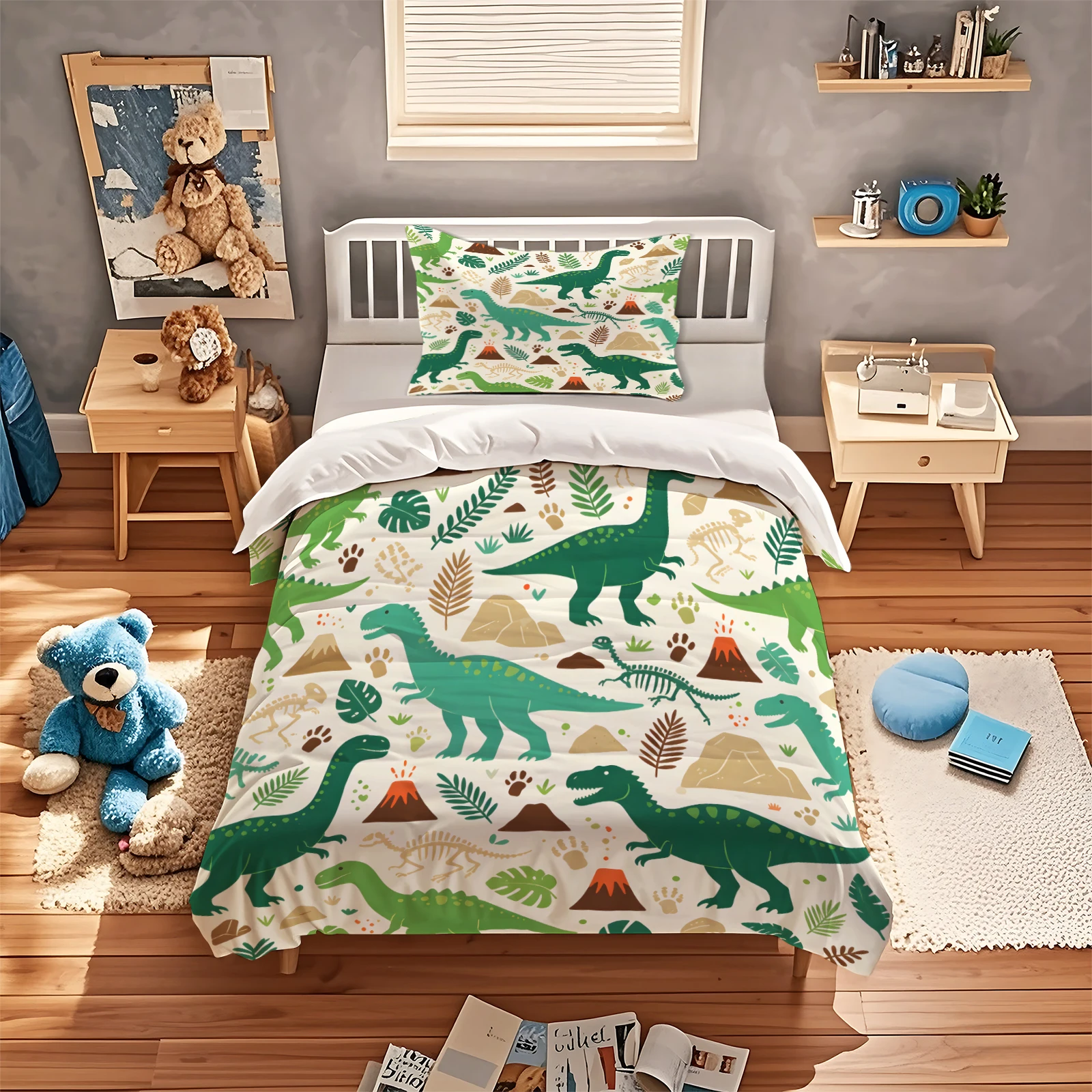 Cute Cartoon Dinosaur Duvet Cover Set Volcano Fossil Jungle Leaf Print Bedding Set Zipper Quilt Cover with Corner Ties Gift