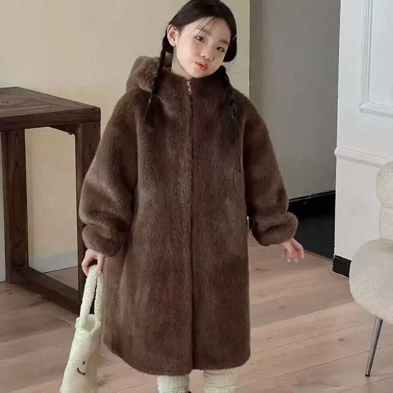 2024 Winter New Children's Faux Fur Jacket Imitation Mink Fur Coat Girls Warm Hooded Overcoat A4230