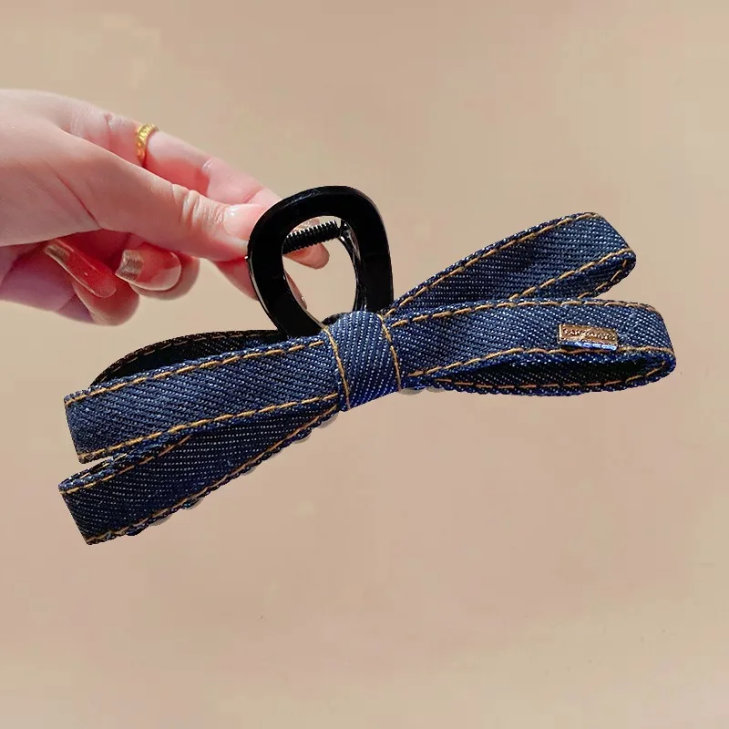 Korean fashionable denim bow grab clip, new high-end hairpin, large shark clip headdress on the back of the head
