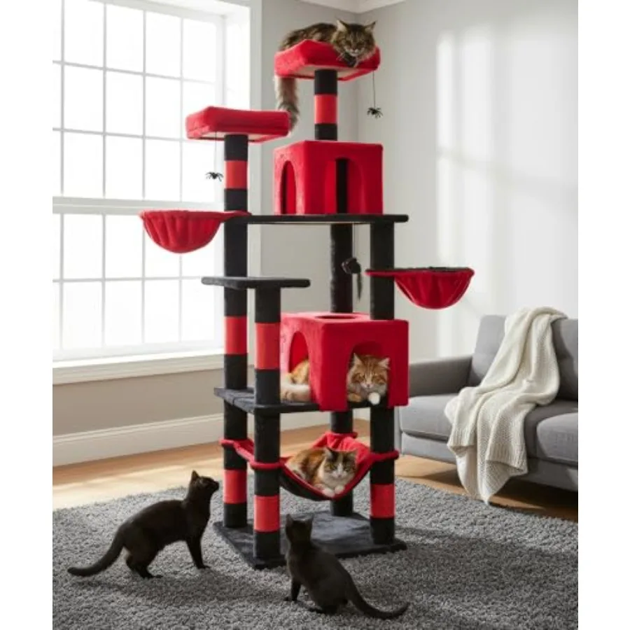 

Готическое кошачье дерево-когтеточка высотой 70 дюймов для домашних кошек, многоуровневая лежанка с гамаком и подвесной корзиной, большой размер