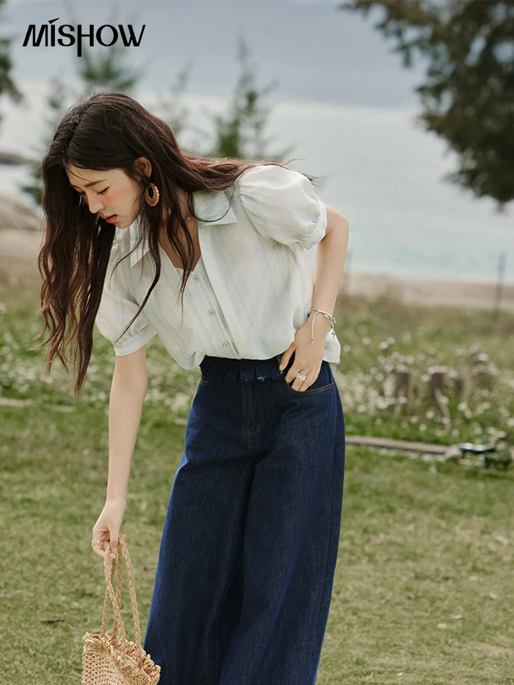 MISHOW French Summer Blouses Women New 2025 Solid Short Sleeve Turn-down Collar Slimming Shirts Female Straight Thin MXE33C0782