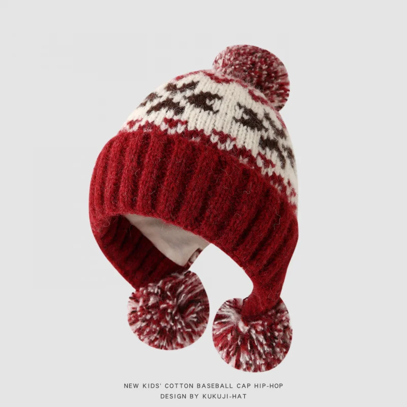 قبعة محبوكة لعيد الميلاد من American Retro Atmosphere للأطفال، قبعة محبوكة دافئة للخريف والشتاء مع حماية للأذن وبوم بوم #6