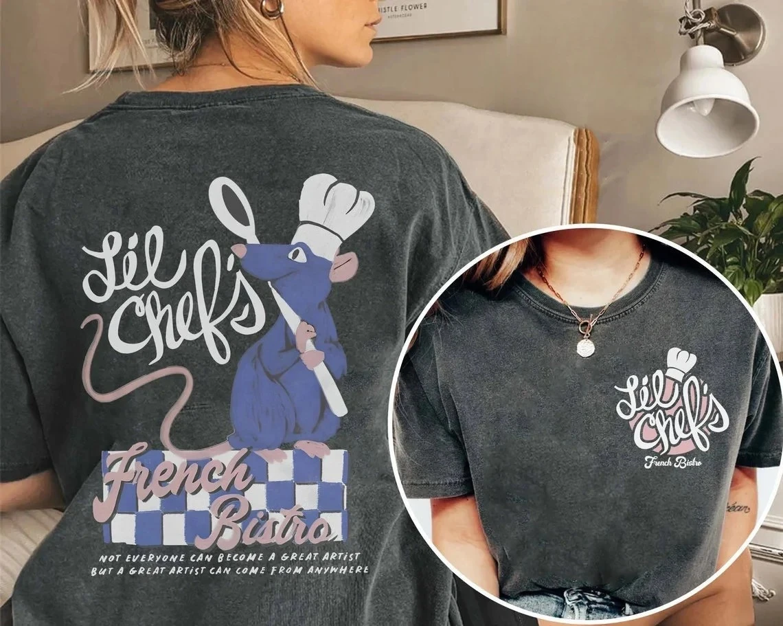 قميص ريمي راتاتوي بألوان مريحة على الوجهين قميص شيف صغير عتيق قميص ليل شيفس بيسترو تي شيرت ديزني لاند #1