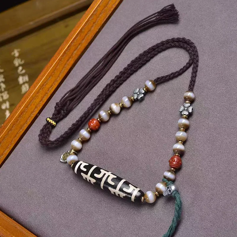 

Natural Agate Unbounded Dharma Dzi Pendant Medicine Line Bead Red Accessories Braided Rope Necklace