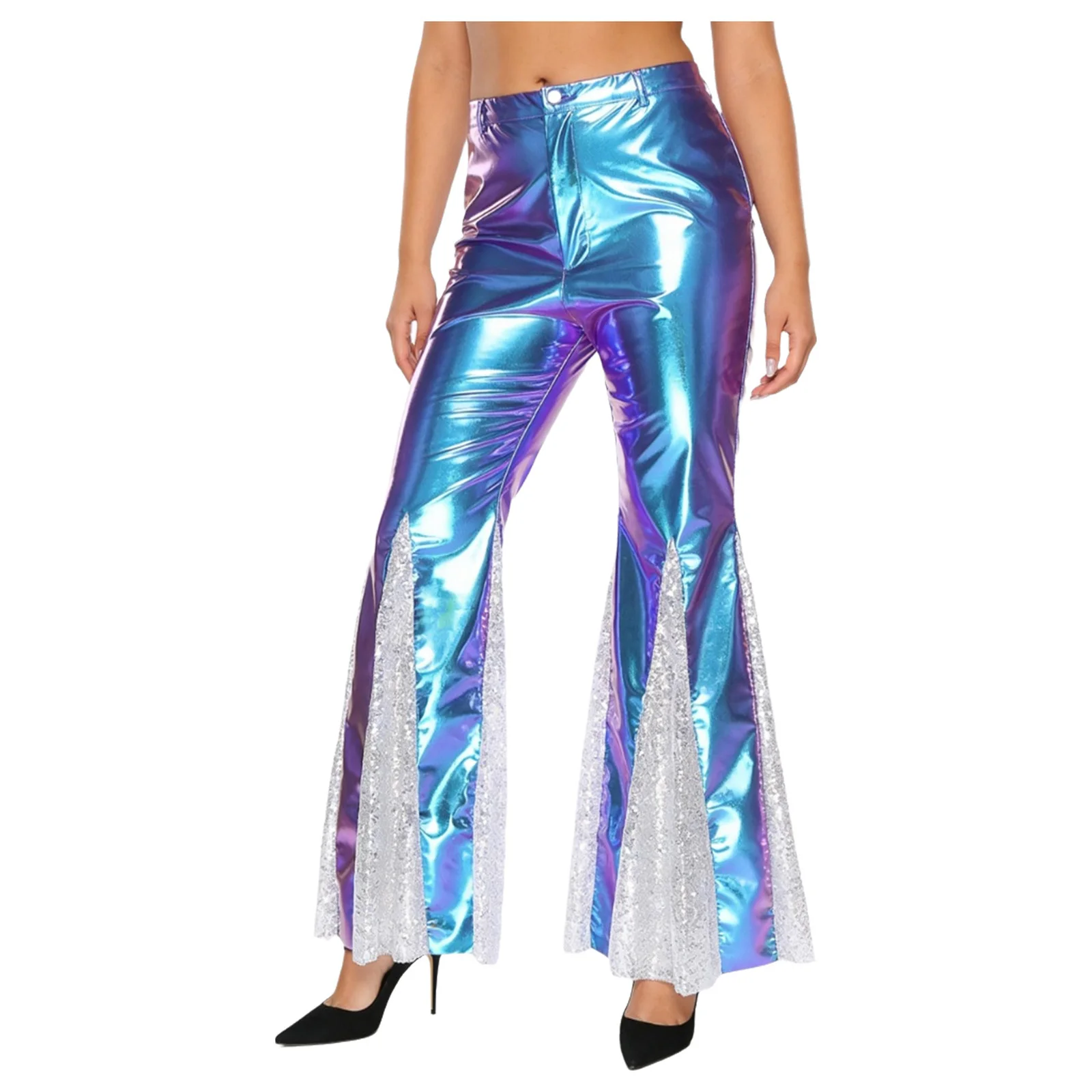 

Женские блестящие металлические брюки 70-х годов в стиле диско, винтажный костюм в стиле хиппи, брюки для джазовых танцев, вечерние брюки для ночного клуба, расклешенные брюки с блестками
