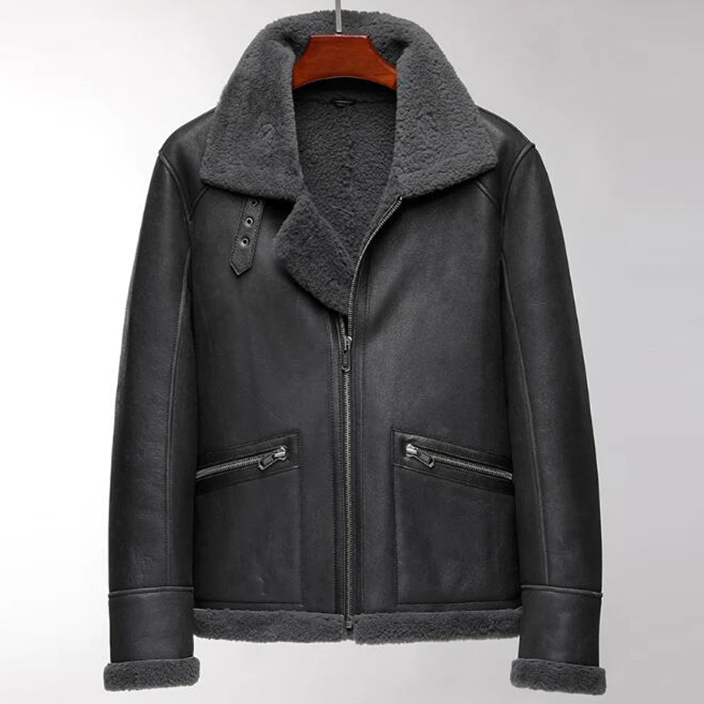 Denny&Dora Men Shearling Jacket Short Sheepskin Coat Leather Bomber Jacket Smoke Grey Jacket