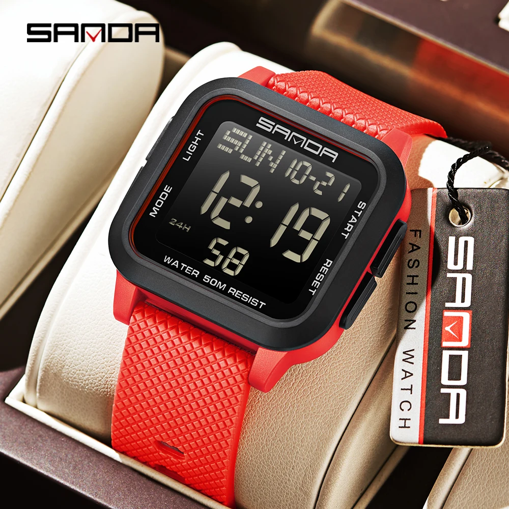 SANDA Waterproof Casual LED Digital Watch Mens Multifunctional Timing Electronic Clock Calendar Alarm Military Square Watch 2194