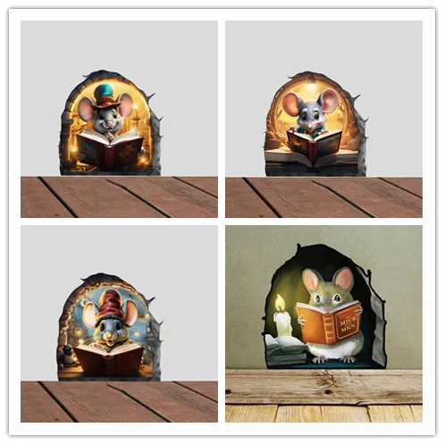 ملصق حائط بفتحة الماوس، ملصق فينيل لمحبي كتاب الماوس الكرتوني، ديكور قراءة الماوس، فأرة لطيفة في فتحة، ملصق ماوس