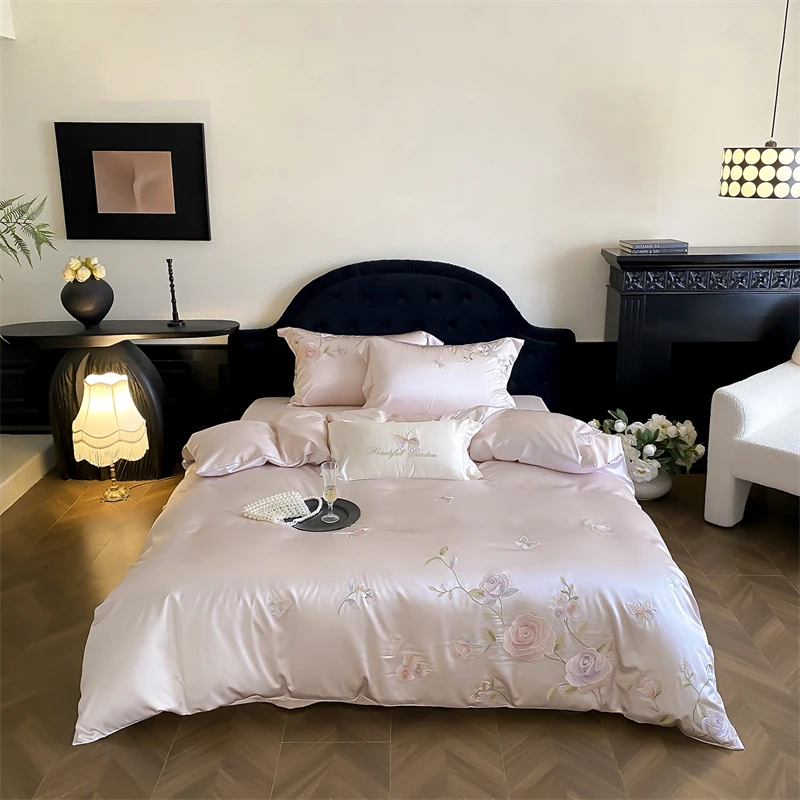 Pink Flowers Embroidery Luxury Brocade Egyptian Cotton Soft Silky Bedding Set Duvet Cover Flat/Fitted Bed Sheet Pillowcase 4Pcs