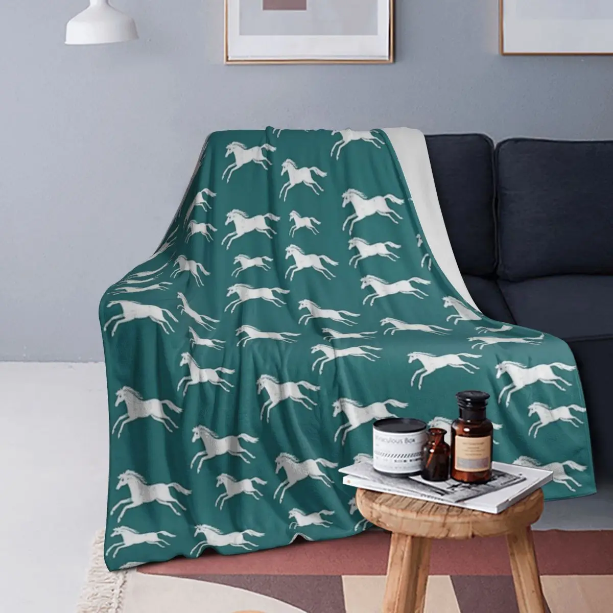 

White Horses On Teal Blanket Soft Warm Flannel Throw Blanket Bedding for Bed Living room Picnic Travel Home Couch