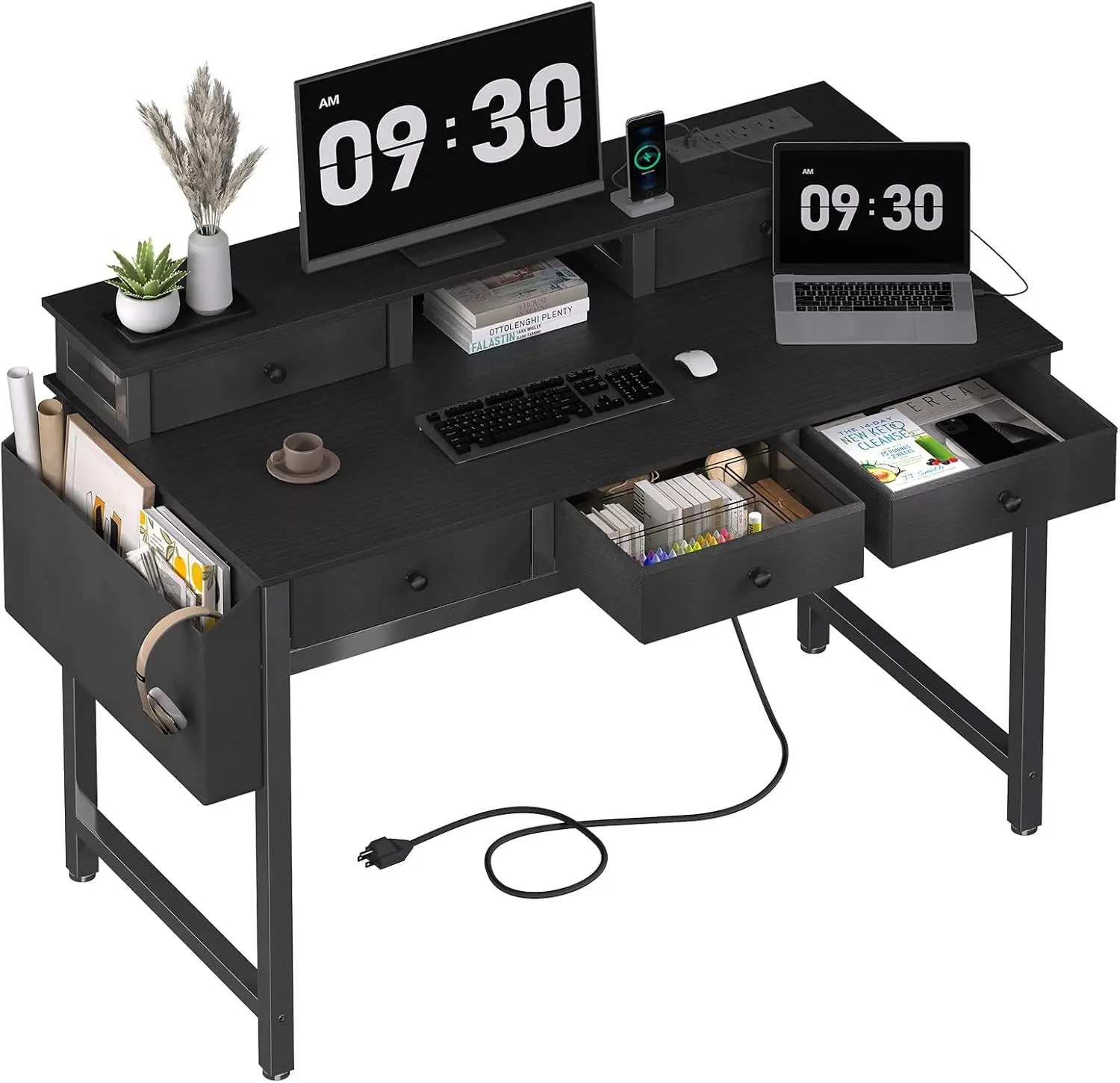 

Computer Desk with Drawers for Home Office Bedroom, 40 inch Black Writing Study Teacher Desks with Fabric Drawers Storage