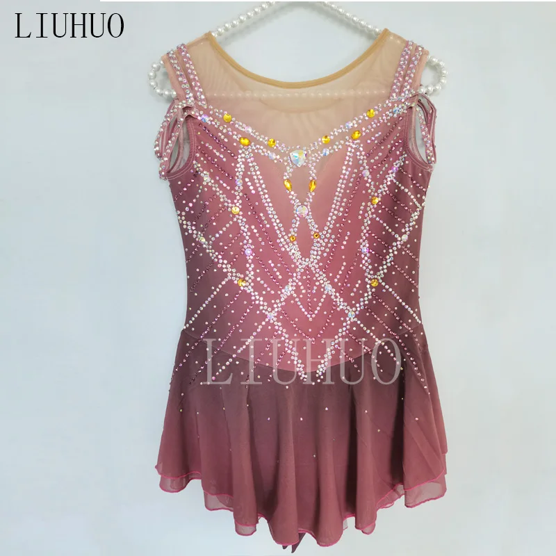 LIUHUO Figure Skating Dress Gorgeous Retro Pink Girl Mesh Skirt Competition Performance Training