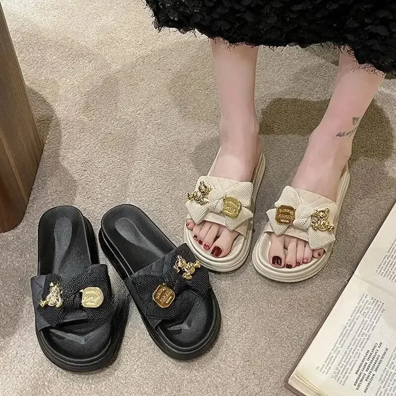 Summer Women Thick Bottom Slippers Butterfly Knot One-word Flat Bottom Cake Cool Slippers Outdoor Height Increasing Shoes