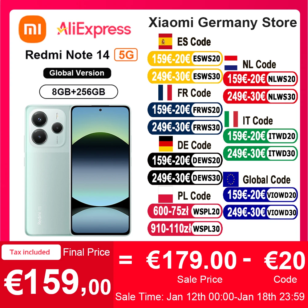 Versione globale Xiaomi Redmi Note 14 5G Smartphone NFC MTK Dimensity 7025-Ultra 108MP Batteria 5110mAh 45W Turbo Ricarica Corning Gorilla Glass 5 120Hz display per la cura degli occhi IP64 resistente