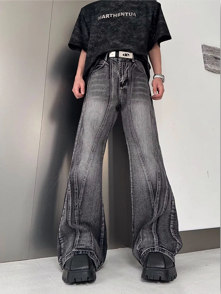 

American Original Men's Summer High Street Waed Bell Bot Wide Leg Jeans Casual Loose Fit Long Trousers