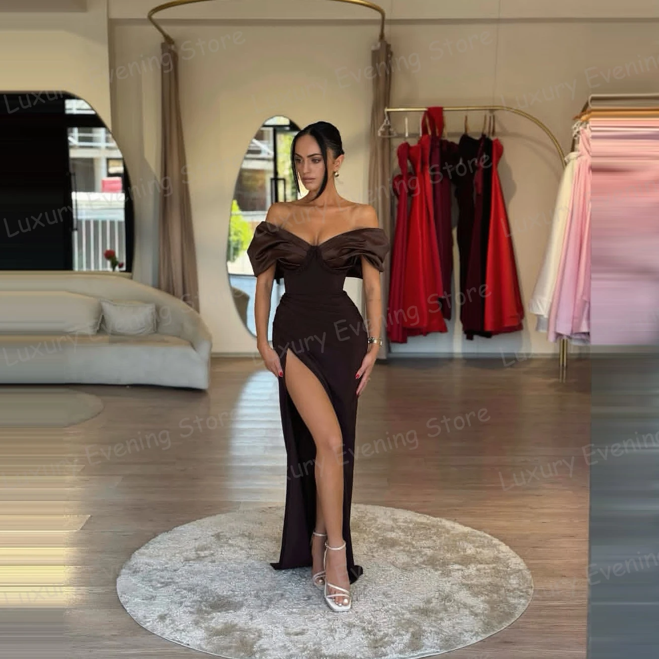 

Luxury Off Shoulder Evening Dresses Mermaid Sexy High Side Split Sleeveless Fashion Prom Gowns Vestidos فساتين سهرة Customized