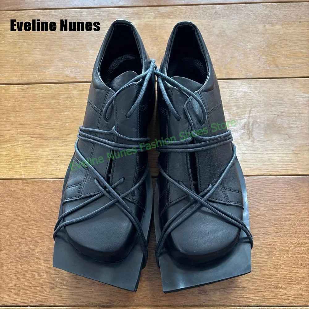 Image of Damen Avantgarde Plateau-Pumps mit Quadratischer Spitze, Überkreuzten Schnürsenkeln und Dicker Sohle im Gothic-Streetstyle, Modische Schuhe 2026 Neuheiten